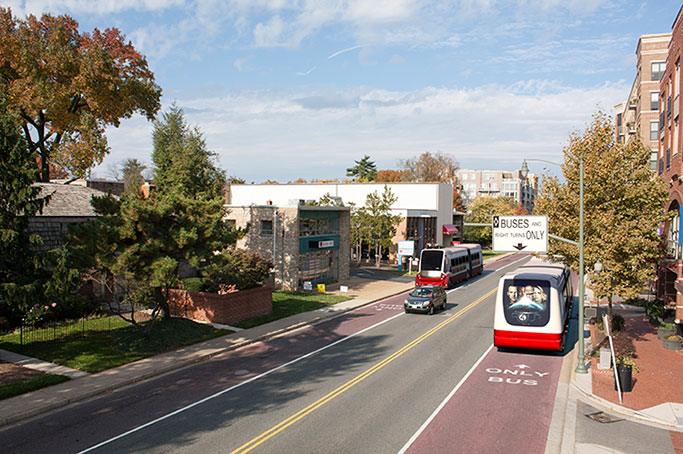 Concept of bus lanes in small street section, from EnvisionRoute7.com