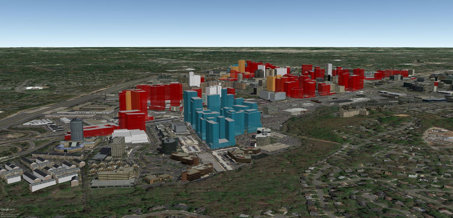Tysons West as it will look in the future; red buildings are currently approved, blue buildings are under review